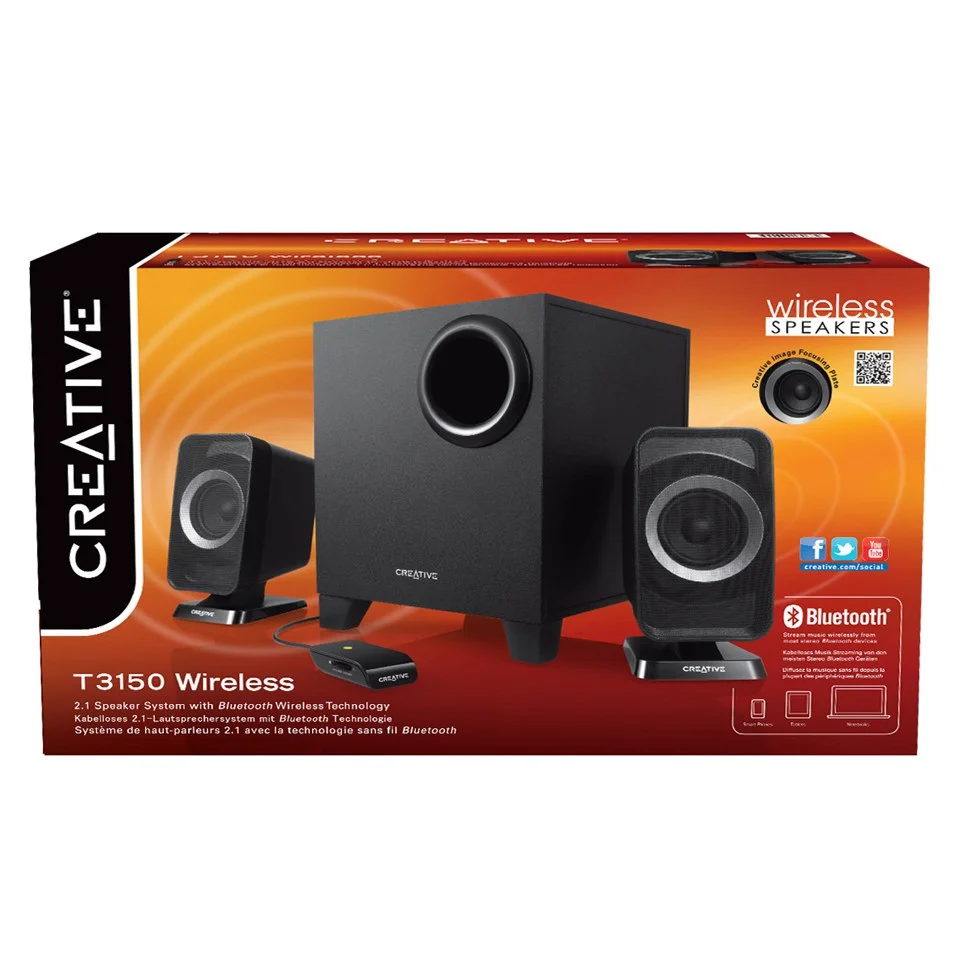 Creative T3150 Wireless Bluetooth 2.1 PC Speaker System with Subwoofer and Remote - Black Image 1