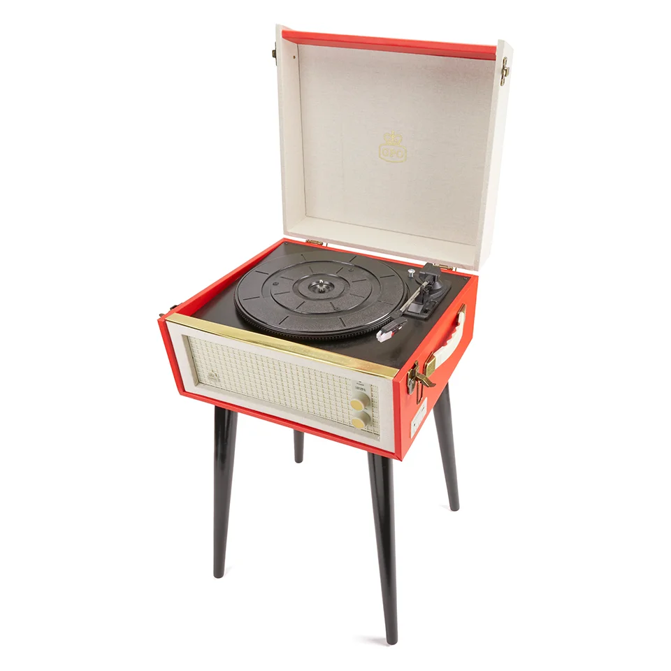 GPO Retro Bermuda Classic Style Turntable with MP3, USB, Built-In Speakers and Removable Legs - Red/Cream Image 1