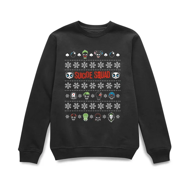 DC Comics Suicide Squad Harley Joker Panda Faces Black Christmas Jumper