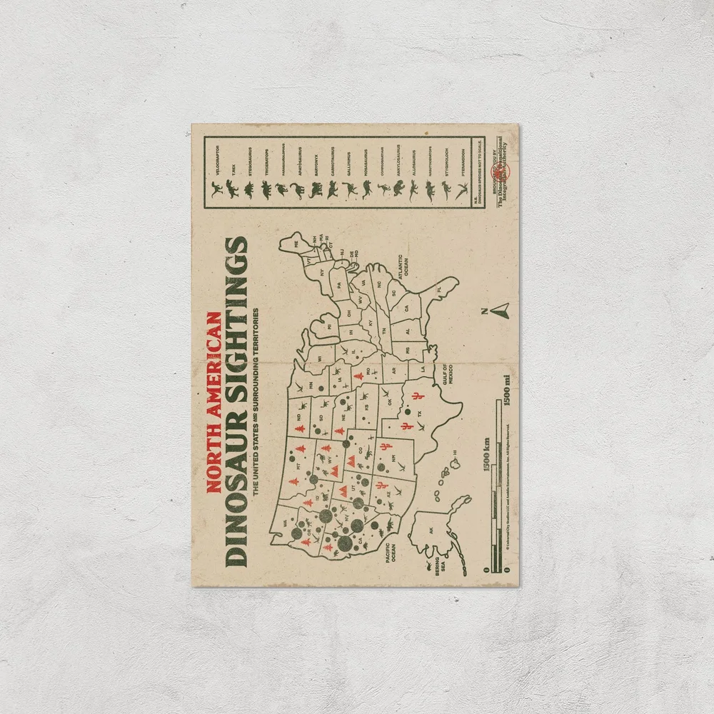 Jurassic World Dinosaur Sightings Map Giclee Art Print - A4 - Print Only Image 1