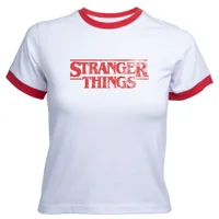 Stranger Things Vintage Logo Women's Cropped Ringer T-Shirt - White Red