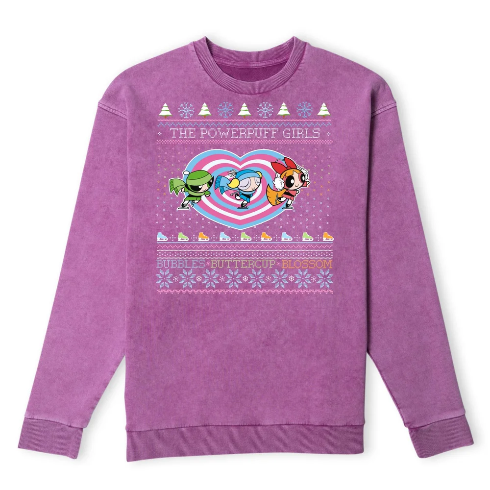 Powerpuff Girls Bubbles, Buttercup, Blossom Christmas Christmas Jumper - Purple Acid Wash - S Image 1