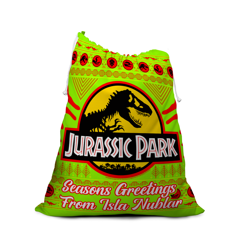 Seasons Greetings From Isla Nublar Neon Christmas Santa Sack Image 1