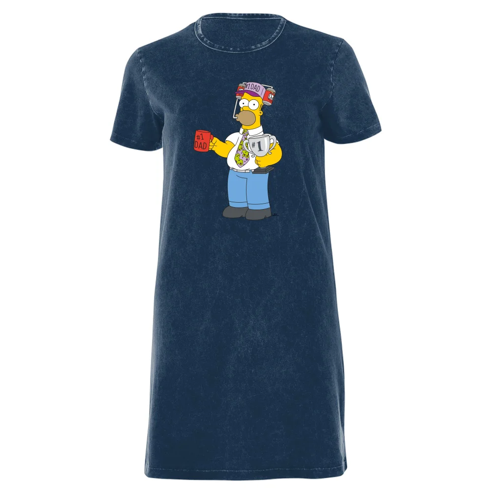 The Simpsons Homer Number 1 Dad Women's T-Shirt Dress - Navy Acid Wash - XXL - Navy Acid Wash Image 1