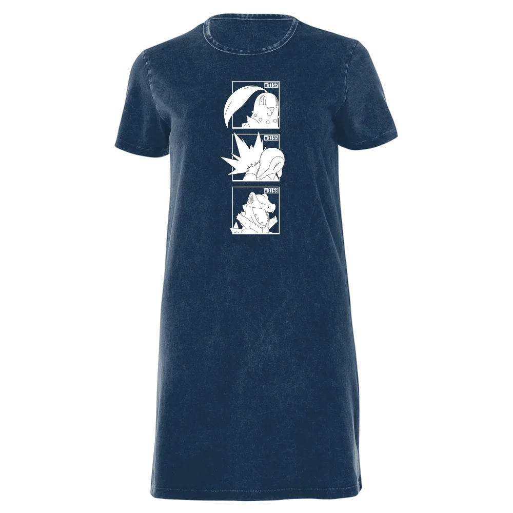 Pokemon Generation 2 Monochrome Starters Women's T-Shirt Dress - Navy Acid Wash - XXL Image 1