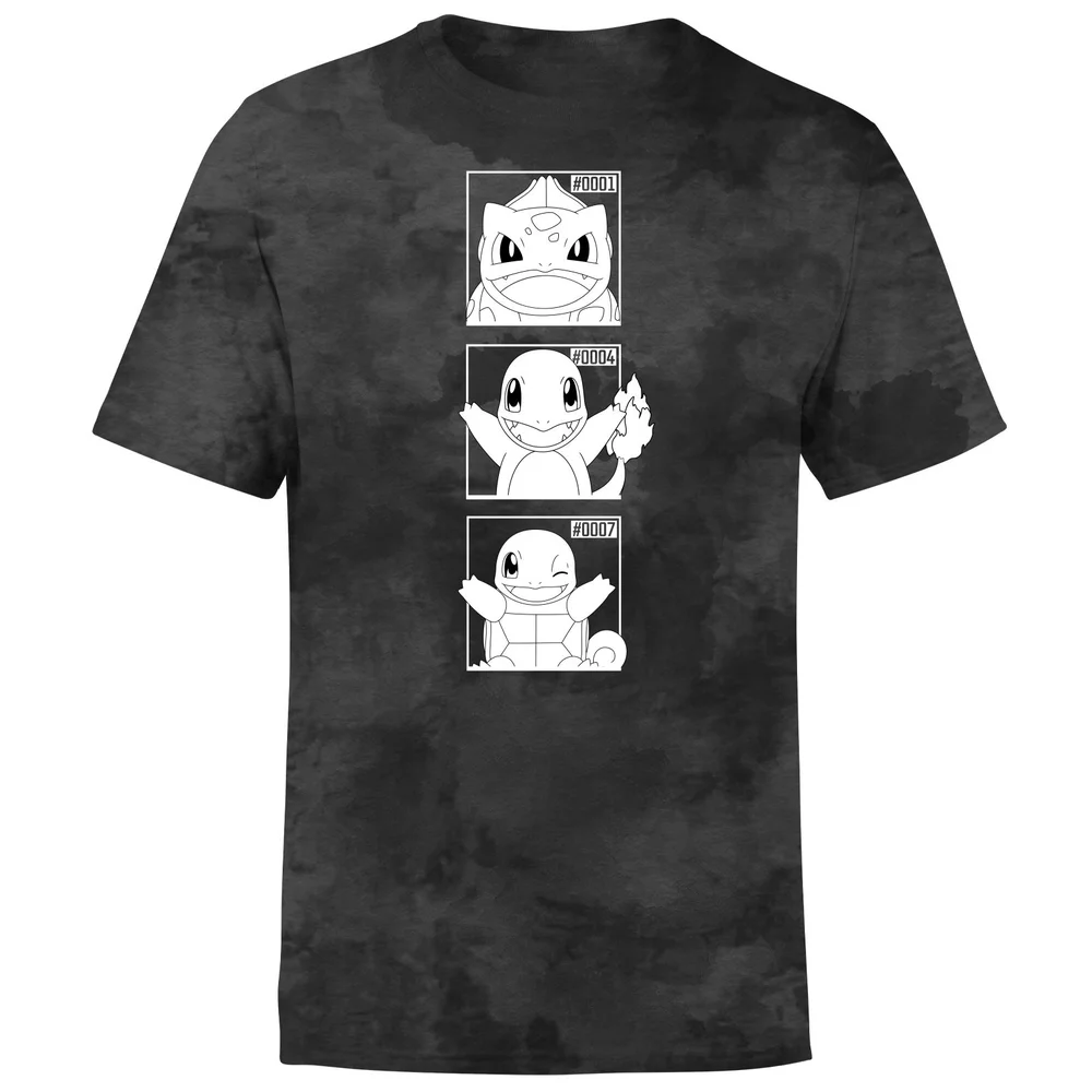 Pokemon Generation 1 Monochrome Starters Men's T-Shirt - Black Tie Dye - S Image 1