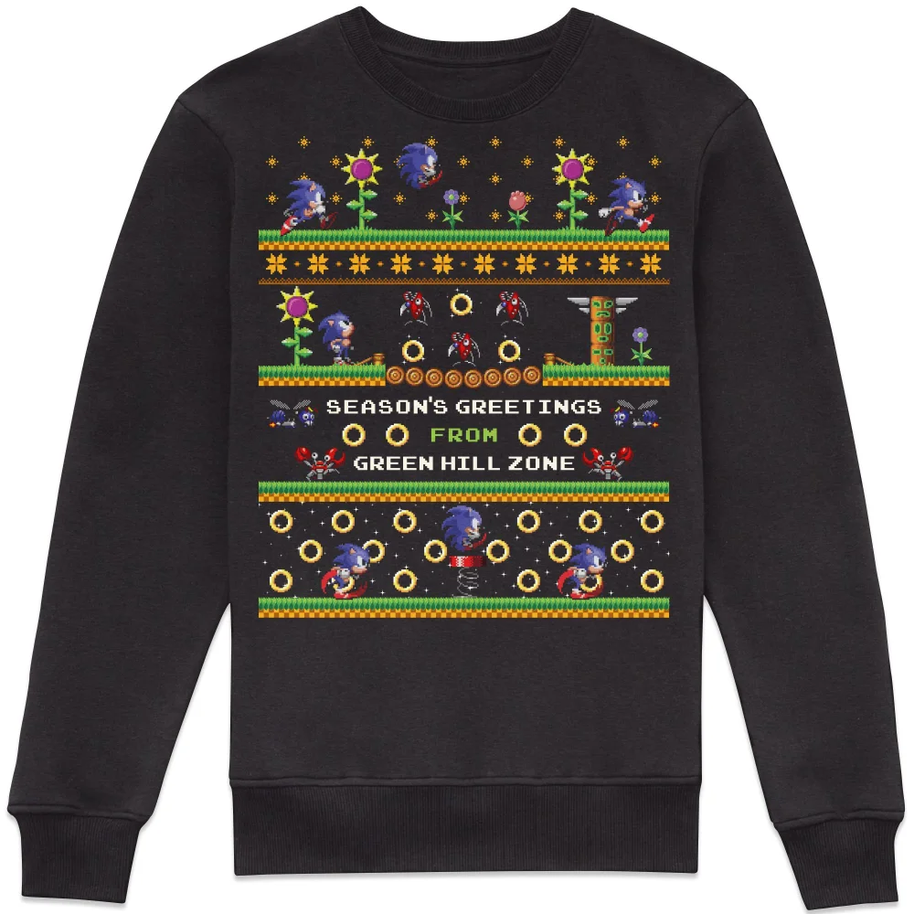 Sonic The Hedgehog Seasons Greetings From Green Hill Zone Christmas Jumper Sweatshirt - Black - XS Image 1
